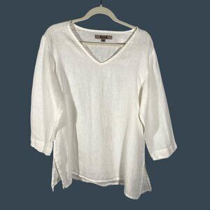 Flax Womens White Linen Top S V-Neck 3/4 Sleeve tunic top neutral cool breathabl